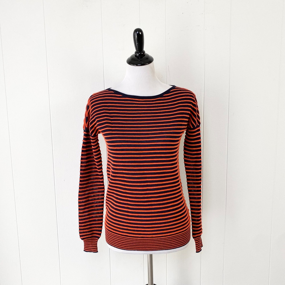 Halston Heritage Navy Orange Striped Boat Neck Knit Sweater XS Lightweight